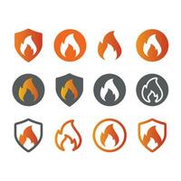 Fire and flame vector icon set. Flames in shield and circle colorful icons.