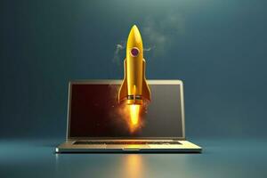 Launching a new product or service. Technology development process. Space rocket launch. 3d render. Yellow rocket lift up from the display laptop. AI Generative photo