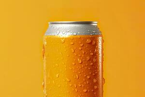 Can of fresh soda with water drops on orange background, closeup. Generative AI photo