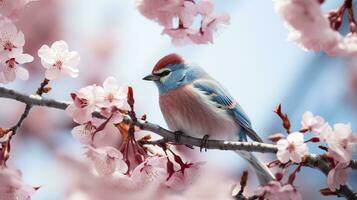 Birds sitting in a tree filled with cherry blossom flowers. Generative AI photo