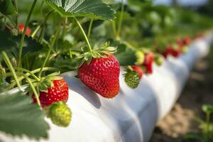 Bush of ripe organic strawberries in the garden. Berry closeup. Generative AI photo