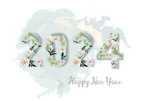 Happy New Year 2024 with watercolor flowers and a lot of leaves background vector