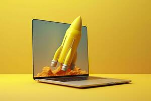 Launching a new product or service. Technology development process. Space rocket launch. 3d render. Yellow rocket lift up from the display laptop. AI Generative photo