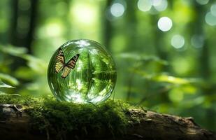 Butterfly and Crystal ball on a tree stump in the forest, natural green background. Generative AI photo