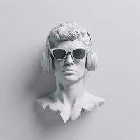 Minimal scene of sunglasses and headphones on human head sculpture, Music concept, 3d rendering. AI Generative photo