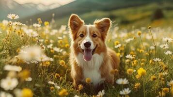 encantador corgi perro con flores en el primavera. generativo ai foto