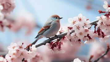 Birds sitting in a tree filled with cherry blossom flowers. Generative AI photo