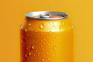 Can of fresh soda with water drops on orange background, closeup. Generative AI photo