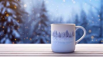 Christmas Mug with hot drink on blurred background with bokeh effect. AI Generated. photo