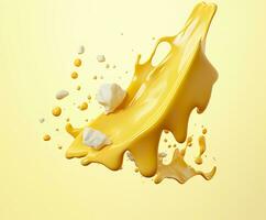 Cheese sauce splashing in the air with cheddar cheese, 3d rendering. Generative AI photo