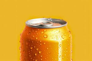 lata de Fresco soda con agua gotas en naranja fondo, de cerca. generativo ai foto