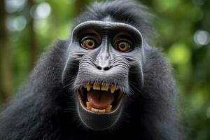 Celebes crested macaque with open mouth. Close up on the green natural background. Generative AI photo