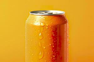 Can of fresh soda with water drops on orange background, closeup. Generative AI photo