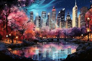 Postcard Central Park in New York City, the night, a full moon, neon style photo