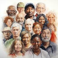 People of different ethnicities and ages. Hand drawn style photo