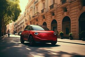 pequeño rojo coche en el calle. mini movilidad foto