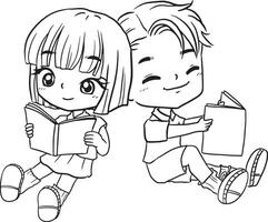 chico niña estudiante leyendo dibujos animados garabatear kawaii anime colorante página linda ilustración dibujo acortar Arte personaje chibi manga cómic vector