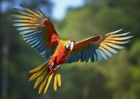 Flying macaw, beautiful bird. Generative AI photo