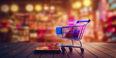 E-Commerce Shopping Cart with Multiple Products. A Sunlit Abstract Background. E-commerce concept. AI Generative photo