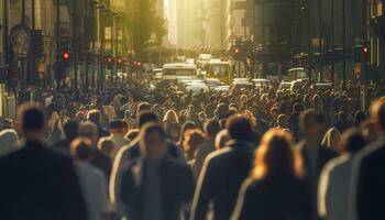 Crowd of people walking busy city street backlit. Generative AI photo