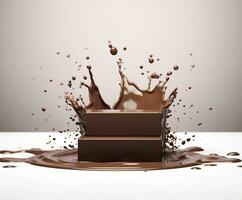 Chocolate splash with a podium, mockup background for milk product display, 3d. Generative AI photo