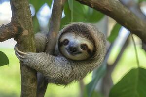 bebé perezoso en árbol en costa rico generativo ai foto