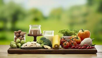 Closeup of vegetables, fruits, and meat on wooden table over green natural background. Generative AI photo