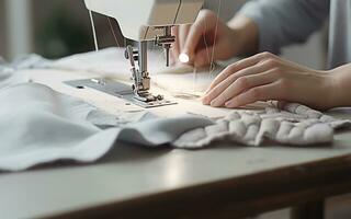 White Sewing Machine with Threaded Needle on Wooden Table photo