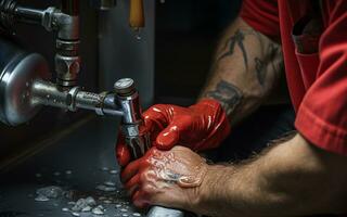 Worker Hands Cleaning a Silver Beer Tap with Red Gloves photo