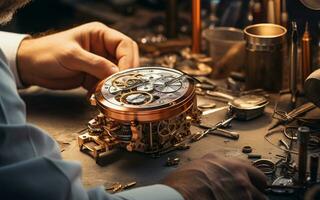 Watchmaker Hands Working on Intricate Gold Mechanical Watch on Cluttered Workbench photo