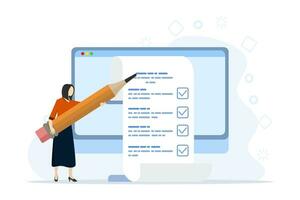 Concept of online questionnaire on a computer, electronic voting, online survey regarding the quality of a product or service, online testing, a person marking tasks in a digital checklist. vector