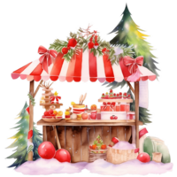 Watercolor Christmas stand at Christmas market,  illustration for decorating greeting, invitation in festive season, AI generated png