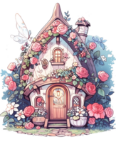 sprookje magie fee huis, versierd door bloemen in een fantasie Woud ai gegenereerd png