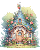 Fairytale magic fairy house, decorated by florals in a fantasy forest AI generated png