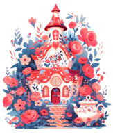 cuento de hadas magia hada casa, decorado por florales en un fantasía bosque ai generado png