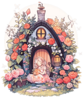 cuento de hadas magia hada casa, decorado por florales en un fantasía bosque ai generado png