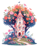 saga magi fe- hus, dekorerad förbi blom i en fantasi skog ai genererad png
