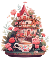sprookje magie fee huis, versierd door bloemen in een fantasie Woud ai gegenereerd png