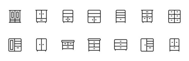 Drawer, cabinet, almirah, cupboard, chest of drawers, furniture icon vector set design with Editable Stroke. Line, Solid, Flat Line, thin style and Suitable for Web Page, Mobile App, UI, UX design.