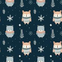 Winter seamless pattern with cute polar animals. Scandinavian Christmas vector pattern. Winter background design.