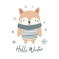 Hello winter minimalistic card with cute fox. Christmas poster in scandinavian doodle style. Wintry template. vector