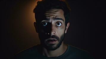 Scared Man Looking at the Camera Isolated on the Minimalist Background photo
