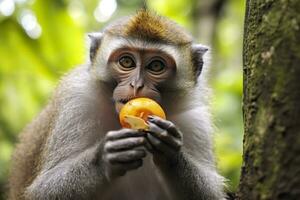 cerca arriba de mono comiendo Fruta en el selva. generativo ai foto