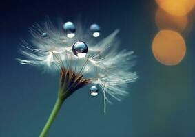 Beautiful dew drops on a dandelion seed macro. Beautiful blue background. Generative AI photo