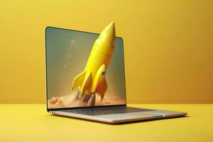 Launching a new product or service. Technology development process. Space rocket launch. 3d render. Yellow rocket lift up from the display laptop. AI Generative photo