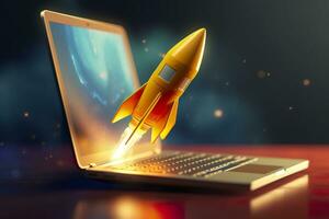 Launching a new product or service. Technology development process. Space rocket launch. 3d render. Yellow rocket lift up from the display laptop. AI Generative photo
