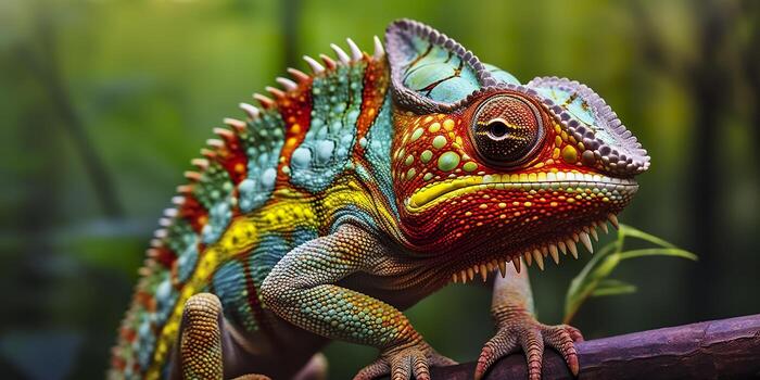 A colorful close up chameleon with a high crest on its head. Generative AI photo