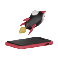 Rocket spaceship launching from mobile phone for business Startups 3D Render. png