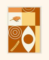 Vector autumn cover notebook. Graphic Background with wheat, bird. Brown, beige autumn colors.