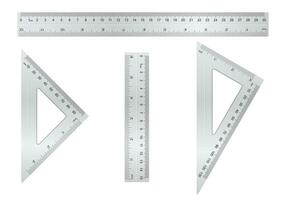 Metal ruler collection. Short, long and triangle ruler with different type of measure. vector